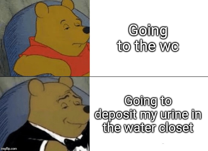 Tuxedo Winnie The Pooh Meme |  Going to the wc; Going to deposit my urine in the water closet | image tagged in memes,tuxedo winnie the pooh | made w/ Imgflip meme maker