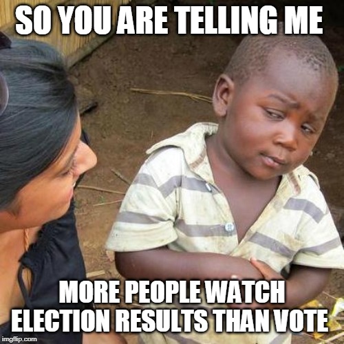 Third World Skeptical Kid Meme | SO YOU ARE TELLING ME; MORE PEOPLE WATCH ELECTION RESULTS THAN VOTE | image tagged in memes,third world skeptical kid | made w/ Imgflip meme maker
