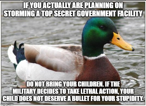 Actual Advice Mallard | IF YOU ACTUALLY ARE PLANNING ON STORMING A TOP SECRET GOVERNMENT FACILITY; DO NOT BRING YOUR CHILDREN. IF THE MILITARY DECIDES TO TAKE LETHAL ACTION, YOUR CHILD DOES NOT DESERVE A BULLET FOR YOUR STUPIDITY. | image tagged in memes,actual advice mallard | made w/ Imgflip meme maker