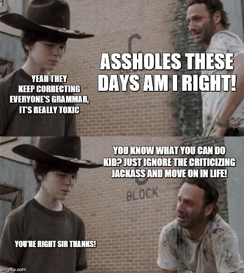 Rick and Carl Meme | ASSHOLES THESE DAYS AM I RIGHT! YEAH THEY KEEP CORRECTING EVERYONE'S GRAMMAR, IT'S REALLY TOXIC YOU KNOW WHAT YOU CAN DO KID? JUST IGNORE TH | image tagged in memes,rick and carl | made w/ Imgflip meme maker