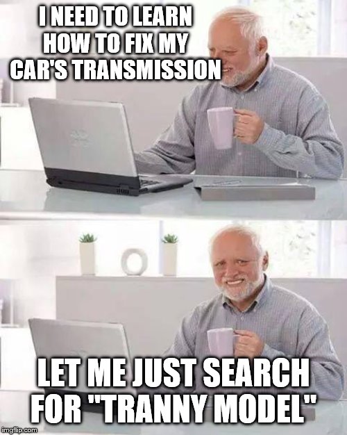 Hide the Pain Harold Meme | I NEED TO LEARN HOW TO FIX MY CAR'S TRANSMISSION; LET ME JUST SEARCH FOR "TRANNY MODEL" | image tagged in memes,hide the pain harold | made w/ Imgflip meme maker