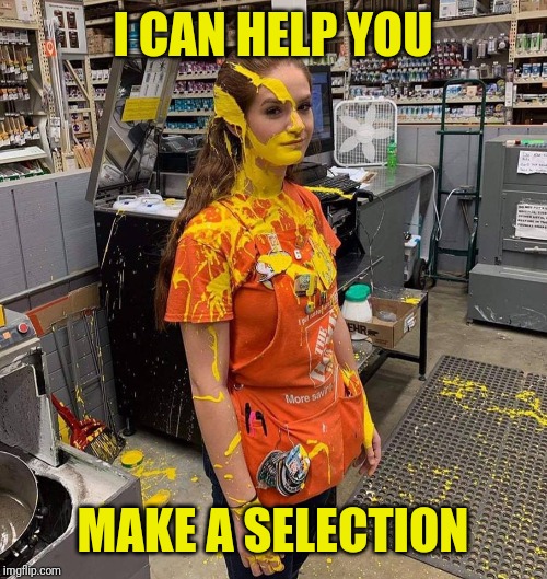 HOME DEPOT PAINT GIRL | I CAN HELP YOU MAKE A SELECTION | image tagged in home depot paint girl | made w/ Imgflip meme maker