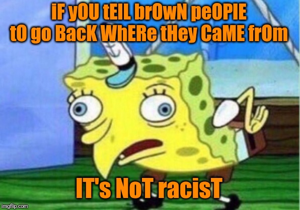 Mocking Spongebob Meme | iF yOU tElL brOwN peOPlE tO go BacK WhERe tHey CaME frOm IT's NoT racisT | image tagged in memes,mocking spongebob | made w/ Imgflip meme maker