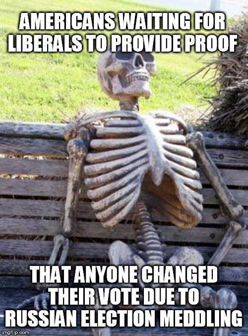 Waiting Skeleton Meme | AMERICANS WAITING FOR LIBERALS TO PROVIDE PROOF THAT ANYONE CHANGED THEIR VOTE DUE TO RUSSIAN ELECTION MEDDLING | image tagged in memes,waiting skeleton | made w/ Imgflip meme maker