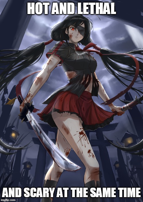 BLOOD-C | HOT AND LETHAL; AND SCARY AT THE SAME TIME | image tagged in blood,saya,anime,anime girl,pissed off anime girl | made w/ Imgflip meme maker