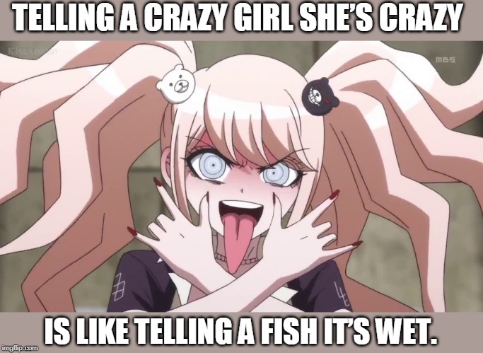JUNKO! | TELLING A CRAZY GIRL SHE’S CRAZY; IS LIKE TELLING A FISH IT’S WET. | image tagged in junko,anime,anime girl,pissed off anime girl | made w/ Imgflip meme maker