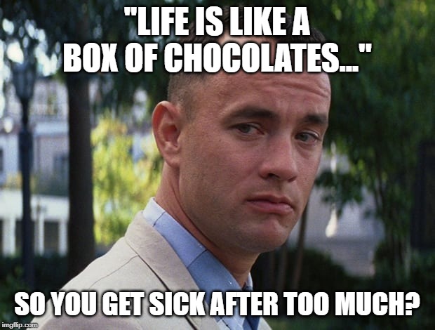 Life is like a box of chocolates | "LIFE IS LIKE A BOX OF CHOCOLATES..."; SO YOU GET SICK AFTER TOO MUCH? | image tagged in life is like a box of chocolates | made w/ Imgflip meme maker