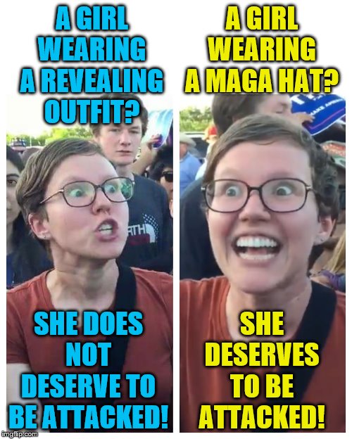 Social Justice Warrior Hypocrisy: If you could all not attack people, that would be great. | A GIRL WEARING A MAGA HAT? A GIRL WEARING A REVEALING OUTFIT? SHE DESERVES TO BE ATTACKED! SHE DOES NOT DESERVE TO BE ATTACKED! | image tagged in social justice warrior hypocrisy,violence is never the answer,memes | made w/ Imgflip meme maker