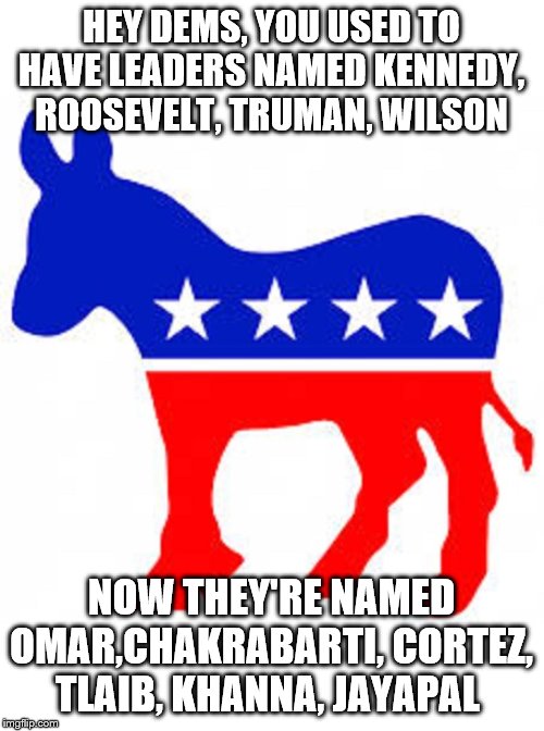 Democrat donkey | HEY DEMS, YOU USED TO HAVE LEADERS NAMED KENNEDY, ROOSEVELT, TRUMAN, WILSON; NOW THEY'RE NAMED OMAR,CHAKRABARTI, CORTEZ, TLAIB, KHANNA, JAYAPAL | image tagged in democrat donkey | made w/ Imgflip meme maker