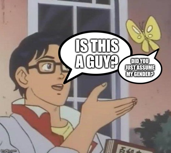 Is This A Pigeon Meme | IS THIS A GUY? DID YOU JUST ASSUME MY GENDER? | image tagged in memes,is this a pigeon | made w/ Imgflip meme maker