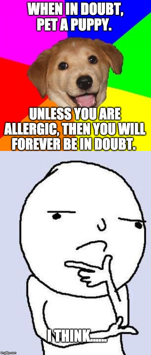 WHEN IN DOUBT, PET A PUPPY. UNLESS YOU ARE ALLERGIC, THEN YOU WILL FOREVER BE IN DOUBT. I THINK...... | image tagged in memes,advice dog,thinking meme,doubt | made w/ Imgflip meme maker