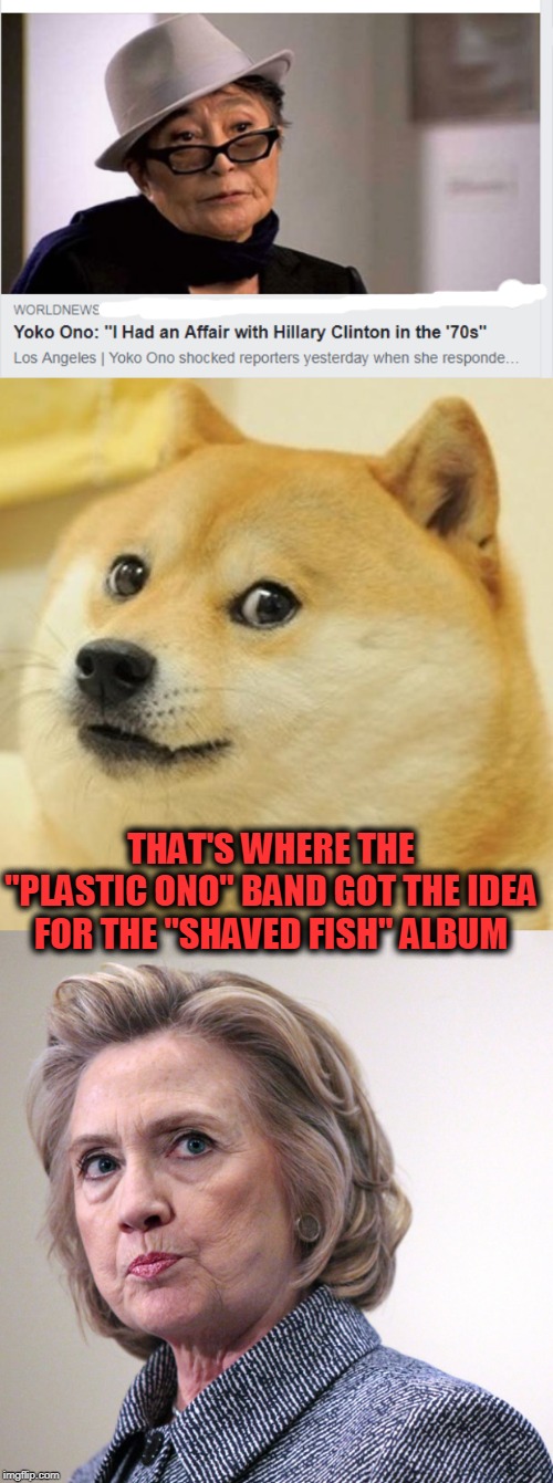 shaved fish album | THAT'S WHERE THE  "PLASTIC ONO" BAND GOT THE IDEA FOR THE "SHAVED FISH" ALBUM | image tagged in memes,doge,hillary clinton pissed,yoko | made w/ Imgflip meme maker