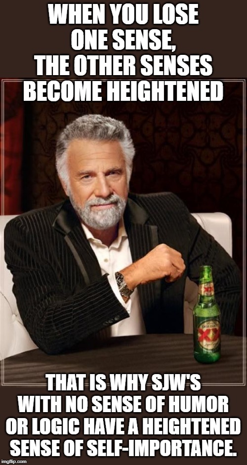 The Most Interesting Man In The World Meme | WHEN YOU LOSE ONE SENSE, THE OTHER SENSES BECOME HEIGHTENED; THAT IS WHY SJW'S WITH NO SENSE OF HUMOR OR LOGIC HAVE A HEIGHTENED SENSE OF SELF-IMPORTANCE. | image tagged in memes,the most interesting man in the world | made w/ Imgflip meme maker