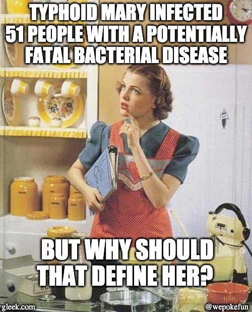 Vintage Kitchen Query | TYPHOID MARY INFECTED 51 PEOPLE WITH A POTENTIALLY FATAL BACTERIAL DISEASE; BUT WHY SHOULD THAT DEFINE HER? gleek.com; @wepokefun | image tagged in vintage kitchen query | made w/ Imgflip meme maker