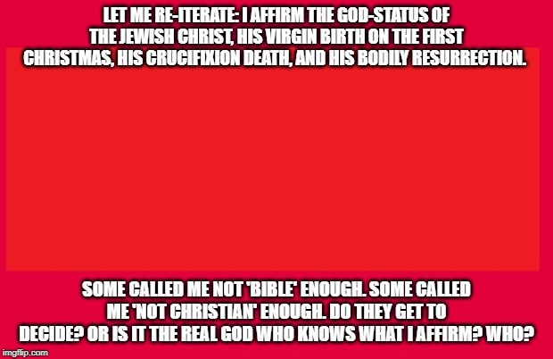 LET ME RE-ITERATE: I AFFIRM THE GOD-STATUS OF THE JEWISH CHRIST, HIS VIRGIN BIRTH ON THE FIRST CHRISTMAS, HIS CRUCIFIXION DEATH, AND HIS BODILY RESURRECTION. SOME CALLED ME NOT 'BIBLE' ENOUGH. SOME CALLED ME 'NOT CHRISTIAN' ENOUGH. DO THEY GET TO DECIDE? OR IS IT THE REAL GOD WHO KNOWS WHAT I AFFIRM? WHO? | made w/ Imgflip meme maker