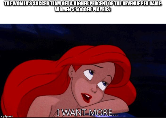 I got the best description from a Disney movie | THE WOMEN'S SOCCER TEAM GET A HIGHER PERCENT OF THE REVENUE PER GAME.
WOMEN'S SOCCER PLAYERS: | image tagged in the little mermaid,ariel,womens soccer team | made w/ Imgflip meme maker