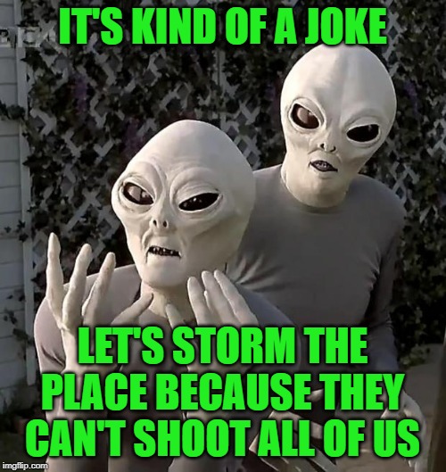 Aliens | IT'S KIND OF A JOKE LET'S STORM THE PLACE BECAUSE THEY CAN'T SHOOT ALL OF US | image tagged in aliens | made w/ Imgflip meme maker