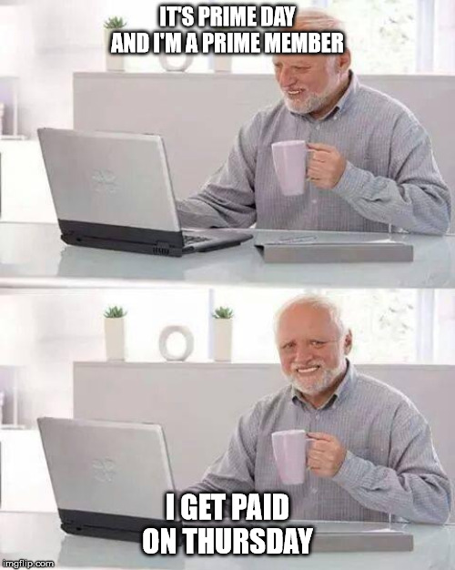 Hide the Pain Harold | IT'S PRIME DAY AND I'M A PRIME MEMBER; I GET PAID ON THURSDAY | image tagged in memes,hide the pain harold | made w/ Imgflip meme maker