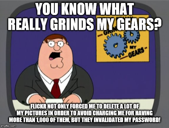 Peter Griffin News; Flickr Still Sucks | YOU KNOW WHAT REALLY GRINDS MY GEARS? FLICKR NOT ONLY FORCED ME TO DELETE A LOT OF MY PICTURES IN ORDER TO AVOID CHARGING ME FOR HAVING MORE THAN 1,000 OF THEM, BUT THEY INVALIDATED MY PASSWORD! | image tagged in memes,peter griffin news,flickr sucks,you know what really grinds my gears | made w/ Imgflip meme maker