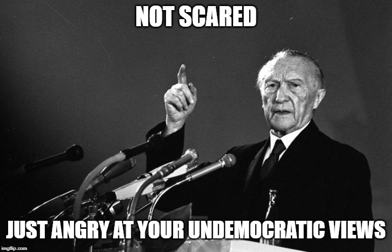 Konrad Adenauer | NOT SCARED JUST ANGRY AT YOUR UNDEMOCRATIC VIEWS | image tagged in konrad adenauer | made w/ Imgflip meme maker