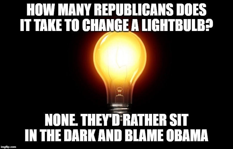 Damn Obama! Why won't he change our light bulb? | image tagged in light,dark,republicans,moron,obama,politicstoo | made w/ Imgflip meme maker