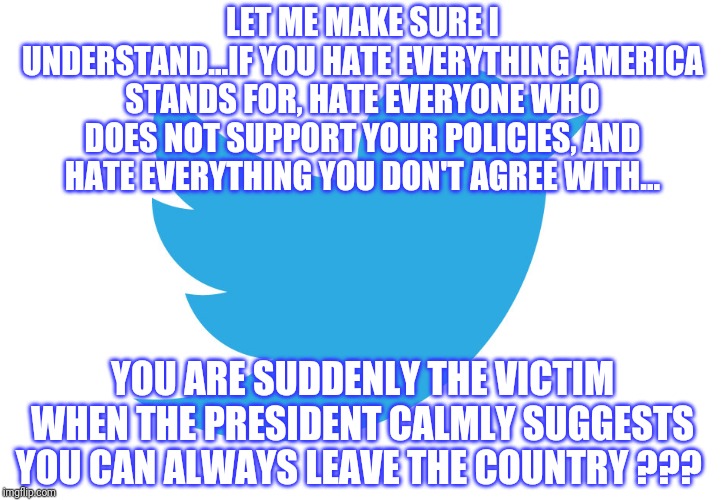 Twitter and More Trump Derangement Syndrome | LET ME MAKE SURE I UNDERSTAND...IF YOU HATE EVERYTHING AMERICA STANDS FOR, HATE EVERYONE WHO DOES NOT SUPPORT YOUR POLICIES, AND HATE EVERYTHING YOU DON'T AGREE WITH... YOU ARE SUDDENLY THE VICTIM WHEN THE PRESIDENT CALMLY SUGGESTS YOU CAN ALWAYS LEAVE THE COUNTRY ??? | image tagged in twitter | made w/ Imgflip meme maker