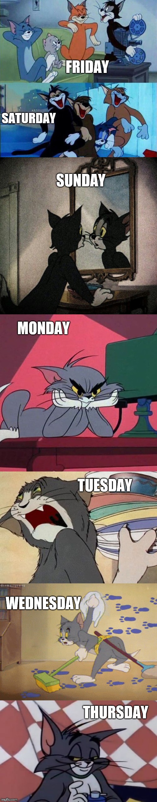 How each day feels | FRIDAY; SATURDAY; SUNDAY; MONDAY; TUESDAY; WEDNESDAY; THURSDAY | image tagged in tom and jerry,the feel of the day | made w/ Imgflip meme maker