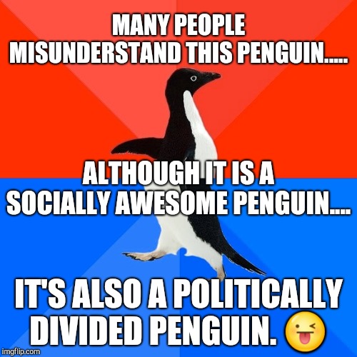 Socially Awesome Awkward Penguin Meme | MANY PEOPLE MISUNDERSTAND THIS PENGUIN..... ALTHOUGH IT IS A SOCIALLY AWESOME PENGUIN.... IT'S ALSO A POLITICALLY DIVIDED PENGUIN. 😜 | image tagged in memes,socially awesome awkward penguin | made w/ Imgflip meme maker