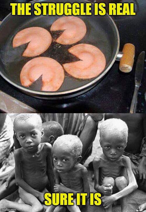 THE STRUGGLE IS REAL; SURE IT IS | image tagged in starving children,bologna | made w/ Imgflip meme maker