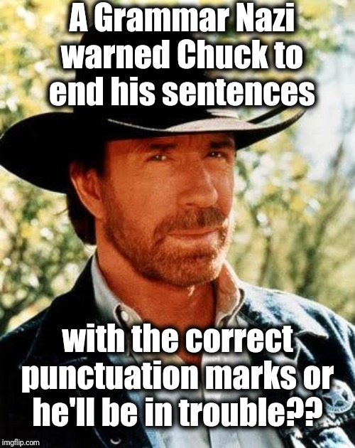Chuck Norris | A Grammar Nazi warned Chuck to end his sentences; with the correct punctuation marks or he'll be in trouble?? | image tagged in memes,chuck norris | made w/ Imgflip meme maker