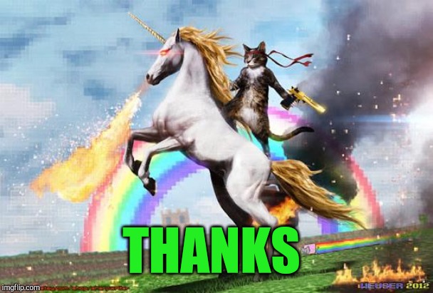 Cat riding unicorn | THANKS | image tagged in cat riding unicorn | made w/ Imgflip meme maker