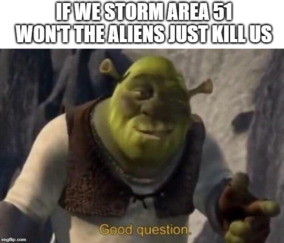 Shrek good question | IF WE STORM AREA 51 WON'T THE ALIENS JUST KILL US | image tagged in shrek good question,area 51 | made w/ Imgflip meme maker