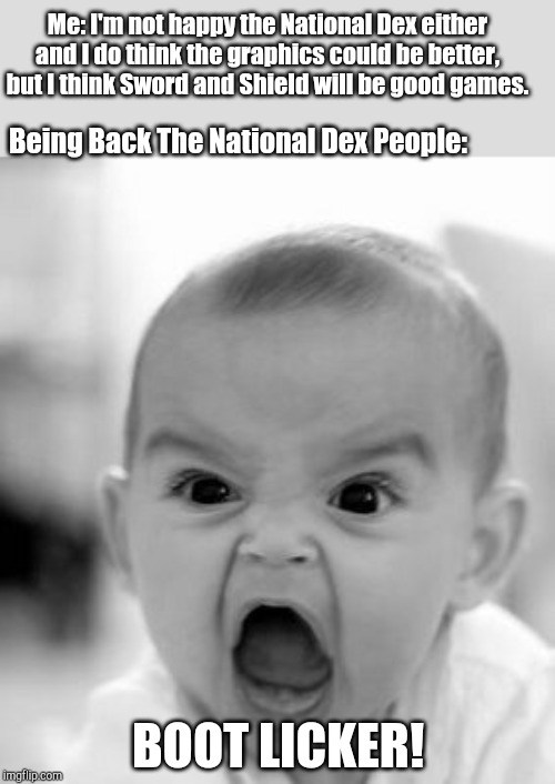 Angry Baby Meme | Me: I'm not happy the National Dex either and I do think the graphics could be better, but I think Sword and Shield will be good games. Being Back The National Dex People:; BOOT LICKER! | image tagged in memes,angry baby,pokemon,pokemon memes,sword,shield | made w/ Imgflip meme maker