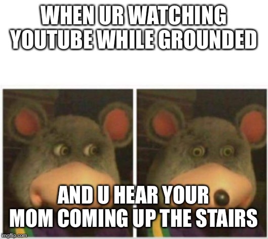 chuck e cheese rat stare | WHEN UR WATCHING YOUTUBE WHILE GROUNDED; AND U HEAR YOUR MOM COMING UP THE STAIRS | image tagged in chuck e cheese rat stare | made w/ Imgflip meme maker