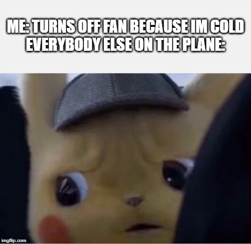 Detective Pikachu | ME: TURNS OFF FAN BECAUSE IM COLD
EVERYBODY ELSE ON THE PLANE: | image tagged in detective pikachu | made w/ Imgflip meme maker