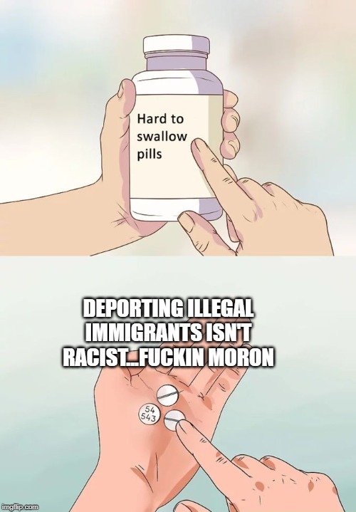 Hard To Swallow Pills Meme | DEPORTING ILLEGAL IMMIGRANTS ISN'T RACIST...F**KIN MORON | image tagged in memes,hard to swallow pills | made w/ Imgflip meme maker