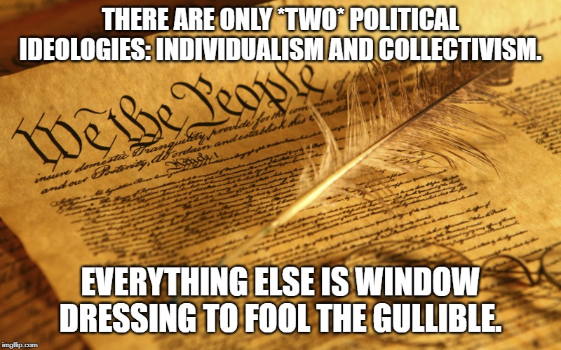 Constitution High Resolution | THERE ARE ONLY *TWO* POLITICAL IDEOLOGIES: INDIVIDUALISM AND COLLECTIVISM. EVERYTHING ELSE IS WINDOW DRESSING TO FOOL THE GULLIBLE. | image tagged in constitution high resolution | made w/ Imgflip meme maker