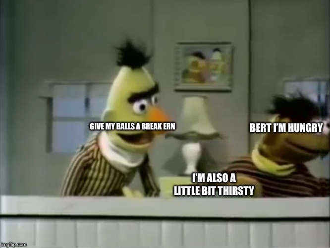 Ernie and Bert Chocolate Ice Cream | GIVE MY BALLS A BREAK ERN; BERT I’M HUNGRY; I’M ALSO A LITTLE BIT THIRSTY | image tagged in ernie and bert chocolate ice cream | made w/ Imgflip meme maker