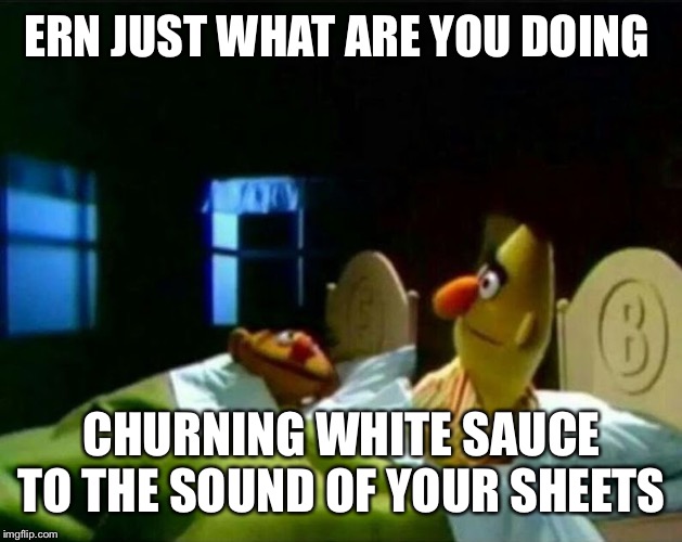 Ernie and Bert | ERN JUST WHAT ARE YOU DOING; CHURNING WHITE SAUCE TO THE SOUND OF YOUR SHEETS | image tagged in ernie and bert | made w/ Imgflip meme maker