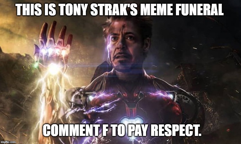 Tony Stark Funeral | THIS IS TONY STRAK'S MEME FUNERAL; COMMENT F TO PAY RESPECT. | image tagged in tony stark snap | made w/ Imgflip meme maker