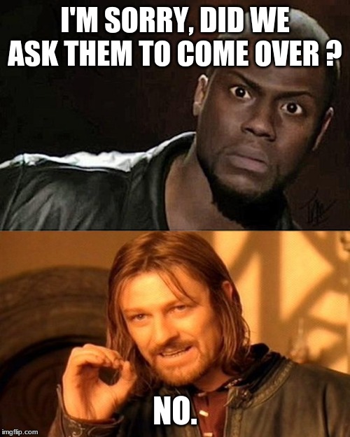 I'M SORRY, DID WE ASK THEM TO COME OVER ? NO. | image tagged in memes,one does not simply,kevin hart | made w/ Imgflip meme maker