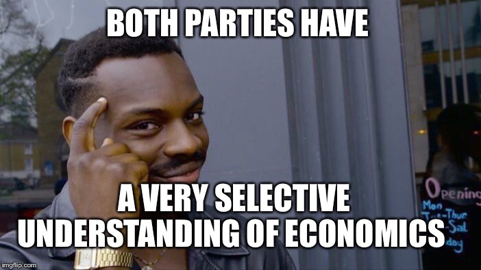 Roll Safe Think About It Meme | BOTH PARTIES HAVE A VERY SELECTIVE UNDERSTANDING OF ECONOMICS | image tagged in memes,roll safe think about it | made w/ Imgflip meme maker
