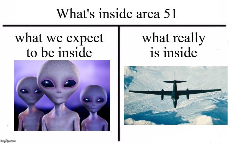 Area 51 meme | What's inside area 51; what we expect to be inside; what really is inside | image tagged in memes,aliens,area 51,expectation vs reality | made w/ Imgflip meme maker