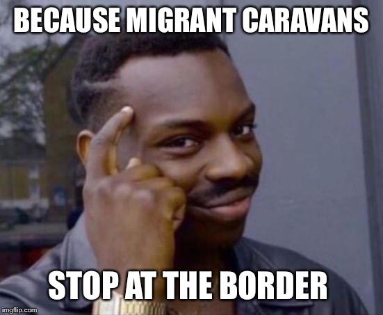 black guy pointing at head | BECAUSE MIGRANT CARAVANS STOP AT THE BORDER | image tagged in black guy pointing at head | made w/ Imgflip meme maker