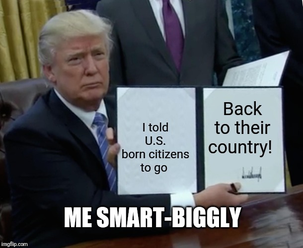 Trump Bill Signing Meme | I told U.S. born citizens to go Back to their country! ME SMART-BIGGLY | image tagged in memes,trump bill signing | made w/ Imgflip meme maker