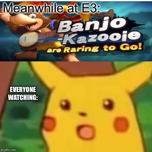 Epic gaming moment | Meanwhile at E3:; EVERYONE WATCHING: | image tagged in memes,surprised pikachu,super smash bros | made w/ Imgflip meme maker