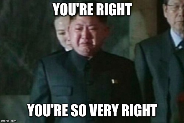 Kim Jong Un Sad Meme | YOU'RE RIGHT YOU'RE SO VERY RIGHT | image tagged in memes,kim jong un sad | made w/ Imgflip meme maker