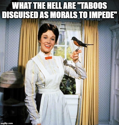 Mary Poppins | WHAT THE HELL ARE "TABOOS DISGUISED AS MORALS TO IMPEDE'' | image tagged in mary poppins | made w/ Imgflip meme maker