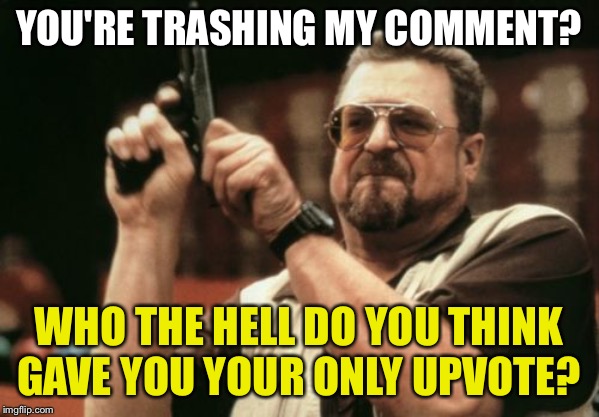 Am I The Only One Around Here | YOU'RE TRASHING MY COMMENT? WHO THE HELL DO YOU THINK GAVE YOU YOUR ONLY UPVOTE? | image tagged in memes,am i the only one around here | made w/ Imgflip meme maker