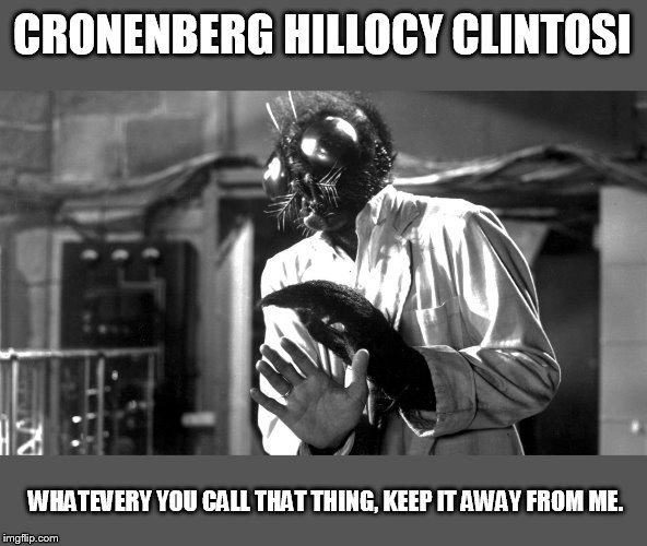 fly monster | CRONENBERG HILLOCY CLINTOSI WHATEVERY YOU CALL THAT THING, KEEP IT AWAY FROM ME. | image tagged in fly monster | made w/ Imgflip meme maker